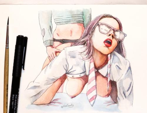 A bit of sapphic sketches 04 - Watercolor Painting - black liner by Sweety Kissa - AmorArt