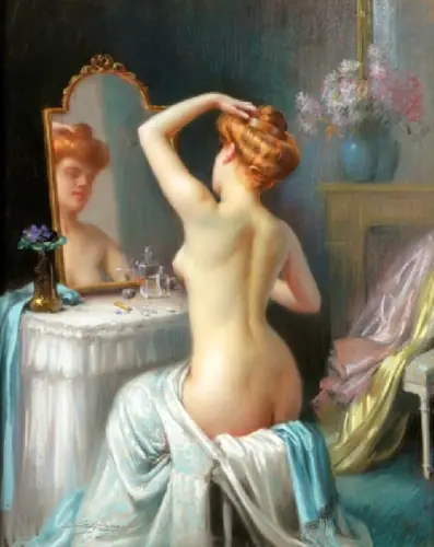 A nude seated at a dressing table - Painting of © Delphin EnjoIras - AmorArt