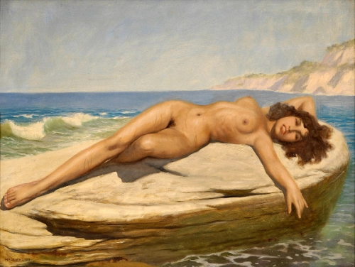 A sunny place female nude lying on a rock off coast - Painting by © Marcel René Von Herrfeldt - AmorArt