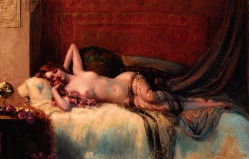 A young beauty reclining on bed - Painting of © Delphin EnjoIras - AmorArt