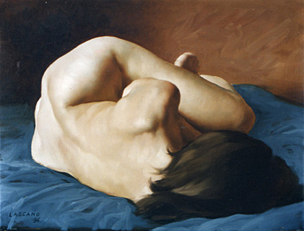 “Acurrucada” . óleo sobre lienzo . 30 x 40 cm . 1996 - Painting by © Juan Lascano - AmorArt