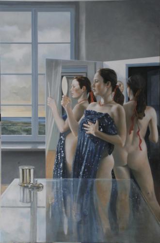 Afrodite Selbdritt, Specchio e finestra (ciclo di immagini Riflessioni) - Painting Oil on canvas by © Henning von Gierke - AmorArt