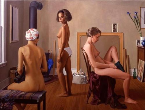 After Seurat - Artwork by © Ron Schwerin - AmorArt<br><br>Nei suoi ritratti di nudo, Ron Schwerin evoca momenti privati ​​di languore femminile, carichi di un erotismo sobrio, ma potente. ...