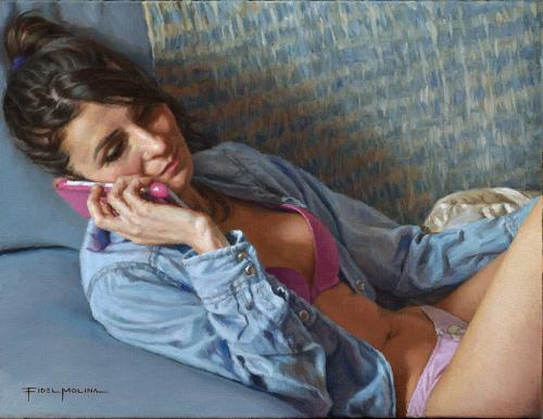 Al teléfono - Painting Oil on canvas by © Fidel Molina - AmorArt
