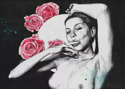 Anhedonia - expressive nude girl with roses - Pencil Drawing by © Marco Paludet - AmorArt