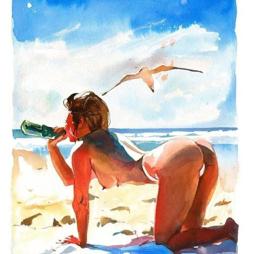 At sea - Watercolor by © Valeria Ko - AmorArt
