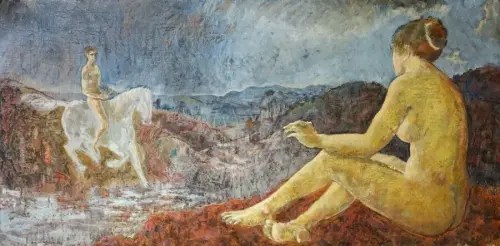 Bather and rider - Painting oil on canvas by © Jean-Claude Besson-Girard - AmorArt