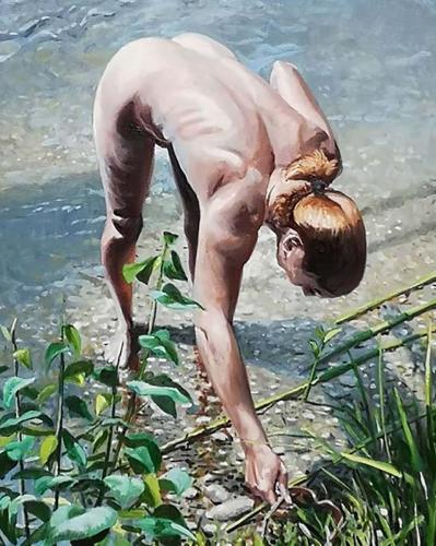Before swimming, Cora puts the … - Painting by © Georg. C. Wirnharter - AmorArt