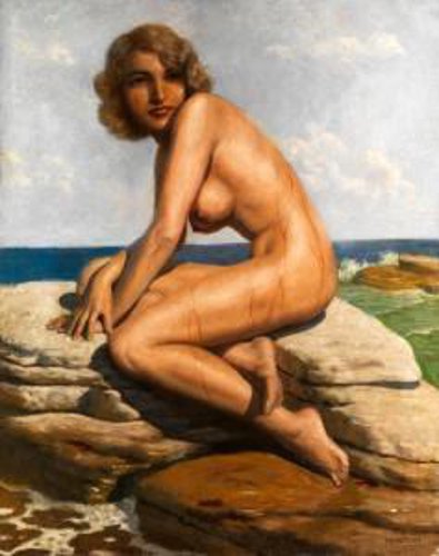 Blonde nude on a rock cliff - Painting by © Marcel René Von Herrfeldt - AmorArt