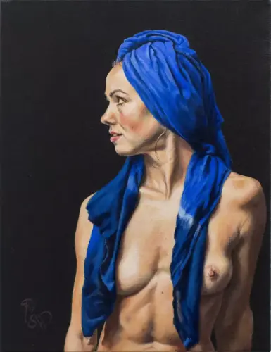 Blue Scarf - Painting oil on canvas by © Simon Whittle - AmorArt