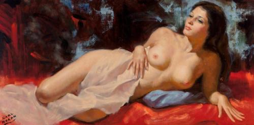 Brunette Nude - Painting oil on board by © Earl Moran - AmorArt