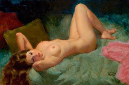 Brunette Nude - Painting oil on panel by © Earl Moran - AmorArt