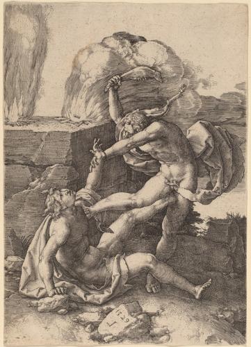 Caino uccide AbeleLucas van Leyden o Lucas Hugensz (Leida, Paesi Bassi, 1484-1533) è una delle figure più importanti dell'incisione olandese. Influenzato da Dürer , di cui sarebbe stato un grande amico, e ammirato da Rembrandt, creò un'opera di natura allegorica e religiosa