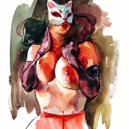Cat Mask - Watercolor by © Valeria Ko - AmorArt