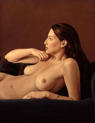 Cindy In Profile - Artwork by © Ron Schwerin - AmorArt<br><br>Nei suoi ritratti di nudo, Ron Schwerin evoca momenti privati ​​di languore femminile, carichi di un erotismo sobrio, ma potente. ...
