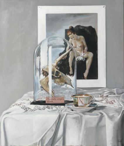 Con unicorno e teschio - silenzio (ciclo pittorico della Genesi) - Painting Oil on canvas by © Henning von Gierke - AmorArt