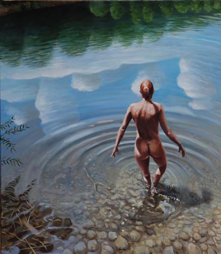 Cora climbs into the lake - Painting by © Georg. C. Wirnharter - AmorArt