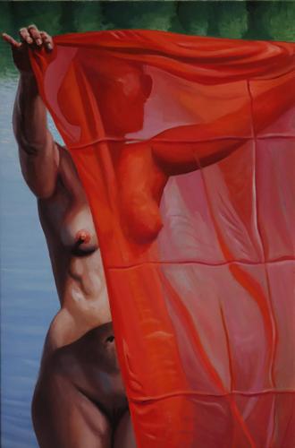 Cora half behind the red silk scarf - Painting by © Georg. C. Wirnharter - AmorArt