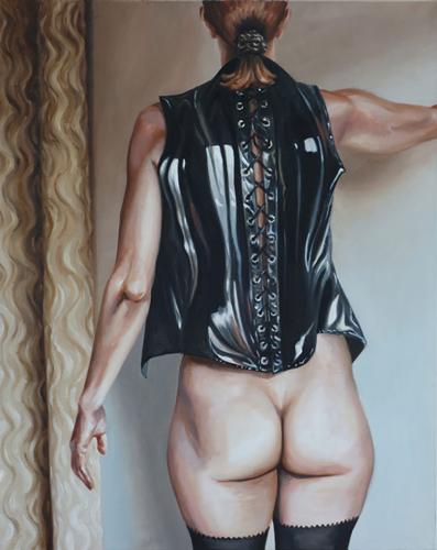 Cora in her black vinyl corset - Painting by © Georg. C. Wirnharter - AmorArt