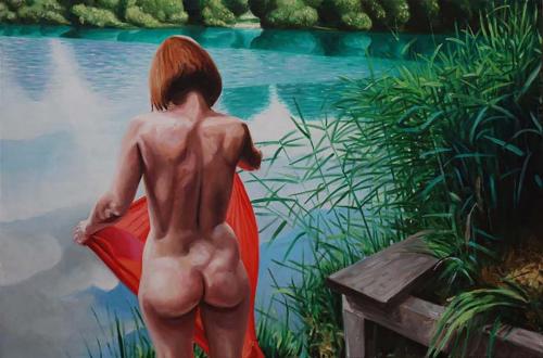 Cora with a red cloth at the green pond - Painting by © Georg. C. Wirnharter - AmorArt