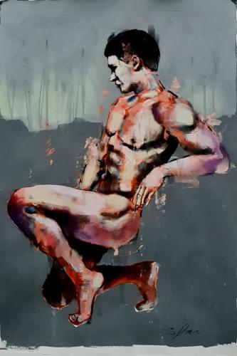 Crouching male 10-4-22 - Painting by © Thomas Donaldson - AmorArt