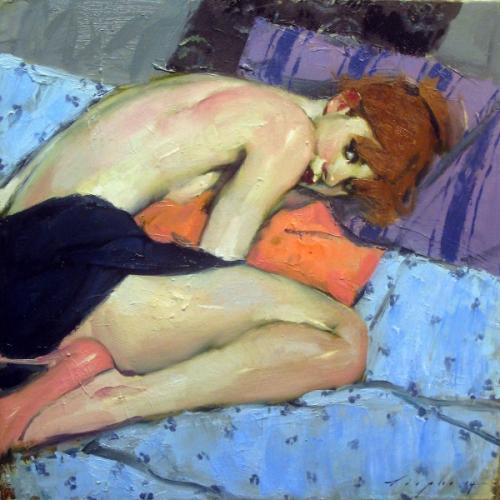 Curled with pillow - Painting by © Malcolm T. Liepke - AmorArt