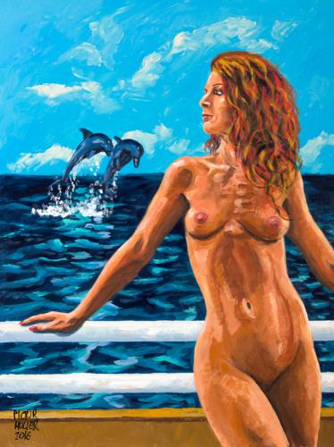 DOLPHINS JUMPING TO SEE VIENNA’S NAKED BODY - Painting by © Pictor Mulier - AmorArt
