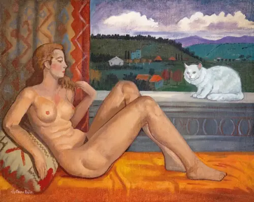 Day-dreaming nude with a cat - Painting by © Béla Czene - AmorArt
