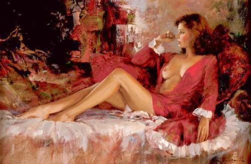 Deborah in red - Oil on canvas by © Howard Rogers - AmorArt