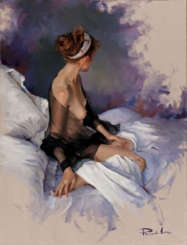 Desnudo con gasa negra - Painting oil on canvas by © Ricardo Sanz - AmorArt