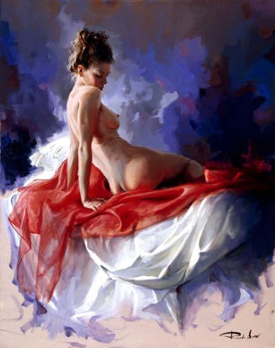 Desnudo en rojos - Painting oil on canvas by © Ricardo Sanz - AmorArt