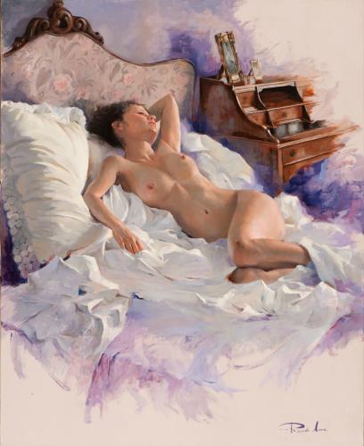 Desnudo entre sábanas - Painting oil on canvas by © Ricardo Sanz - AmorArt