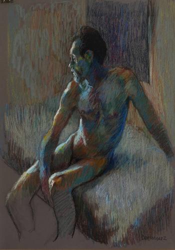 Desnudo sentado - Pastel on paper by © Juan Dominguez - AmorArt