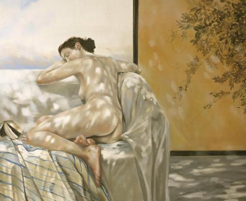 Donna addormentata con paravento - Painting Oil on canvas by © Henning von Gierke - AmorArt
