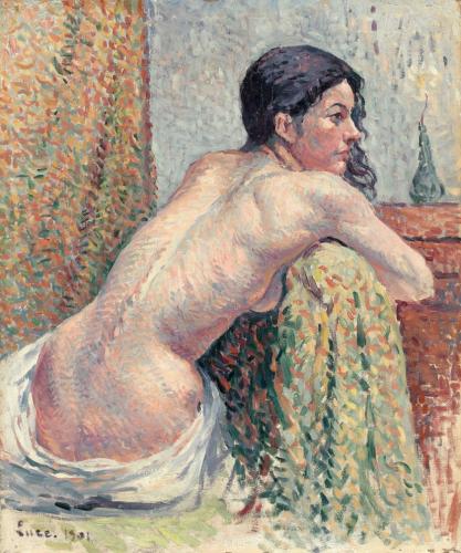 Donna nuda seduta vista di tre quarti di Maximilien LuceMaximilien Luce (Parigi, Francia, 1858-1941) è stato un artista post-impressionista francese che ha iniziato la sua carriera come incisore e in seguito ha seguito la linea puntinista di Seurat e Signac. 