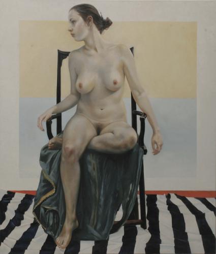 Donna seduta con panno bianco e nero - Painting Oil on canvas by © Henning von Gierke - AmorArt