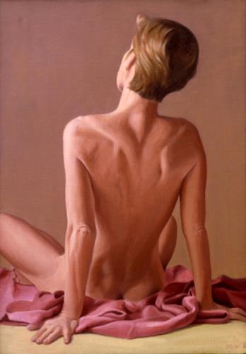 Drusilla, Nude Back - Artwork by © Ron Schwerin - AmorArt<br><br>Nei suoi ritratti di nudo, Ron Schwerin evoca momenti privati ​​di languore femminile, carichi di un erotismo sobrio, ma potente. ...