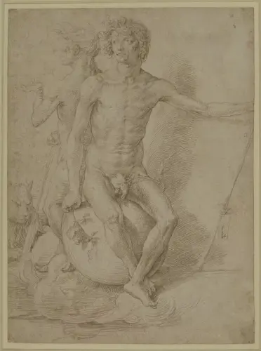 Due figure allegoriche nude sedute schiena contro schiena di Lucas van LeydenLucas van Leyden o Lucas Hugensz (Leida, Paesi Bassi, 1484-1533) è una delle figure più importanti dell'incisione olandese. Influenzato da Dürer , di cui sarebbe stato un grande amico, e ammirato da Rembrandt, creò un'opera di natura allegorica e religiosa