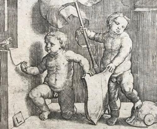 Due ragazzi nudi di Lucas van LeydenLucas van Leyden o Lucas Hugensz (Leida, Paesi Bassi, 1484-1533) è una delle figure più importanti dell'incisione olandese. Influenzato da Dürer , di cui sarebbe stato un grande amico, e ammirato da Rembrandt, creò un'opera di natura allegorica e religiosa