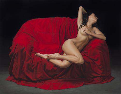 El Drapeado Rojo Carmesí - Hyperrealist Painting by © Omar Ortiz - AmorArt