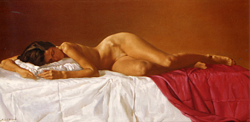 “El Sueño” . óleo sobre lienzo . 50 x 110 cm . 1996 - Painting by © Juan Lascano - AmorArt