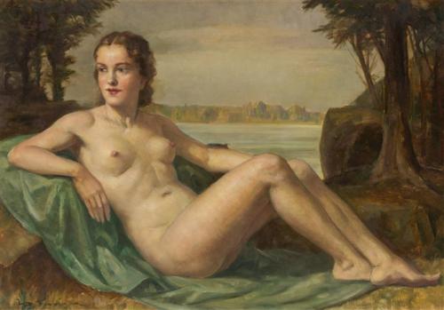Female nude in landscape with sea view - Painting oil on board by © Ivo Salinger - AmorArt
