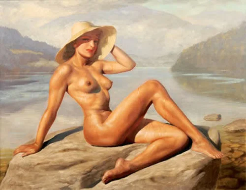 Female nude on a rock by a lake - Painting by © Marcel René Von Herrfeldt - AmorArt