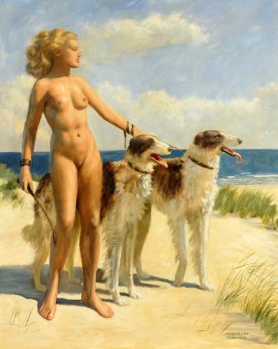 Female nude with greyhounds - Painting by © Marcel René Von Herrfeldt - AmorArt