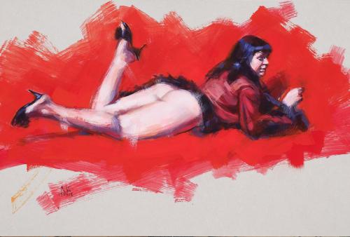 Gatta su rosso - Painting oil on canvas by © Stefan Nuetzel - AmorArt