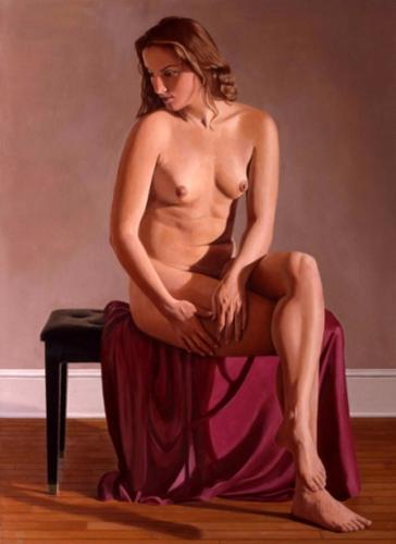 Gayle, Piano Bench - Artwork by © Ron Schwerin - AmorArt<br><br>Nei suoi ritratti di nudo, Ron Schwerin evoca momenti privati ​​di languore femminile, carichi di un erotismo sobrio, ma potente. ...