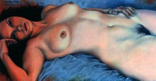 Girl Lying In Orange And Blue - Painting by © Smadar Katz - AmorArt