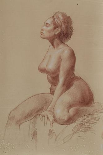 Kimmah Seated - Sanguine, White Chalk and Watercolor on Paper by © Patricia Watwood - AmorArt