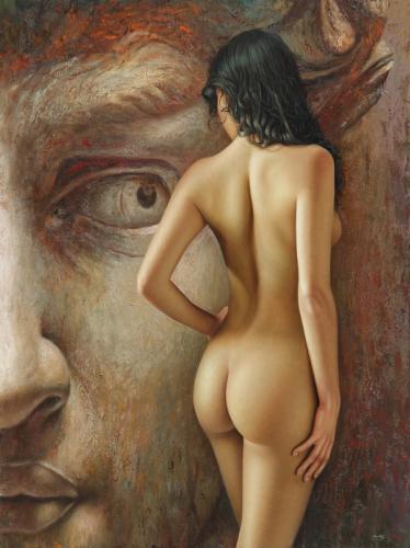 La mirada del coloso - Hyperrealist Painting by © Omar Ortiz - AmorArt