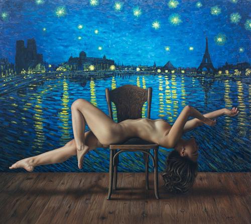 La noche estrellada sobre el Sena - Hyperrealist Painting by © Omar Ortiz - AmorArt